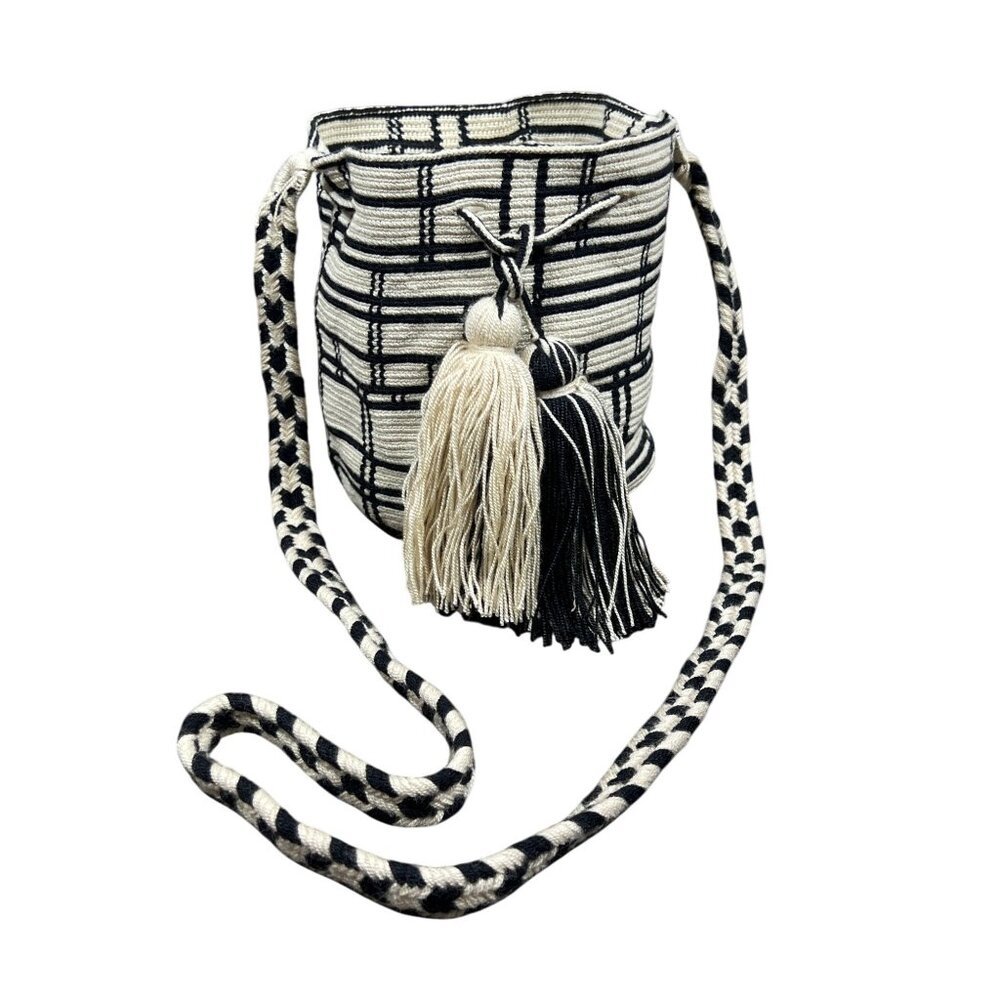 GUANABANA Handmade Drawstring Bucket Bag with Tassels in Black & Tan NWOT
